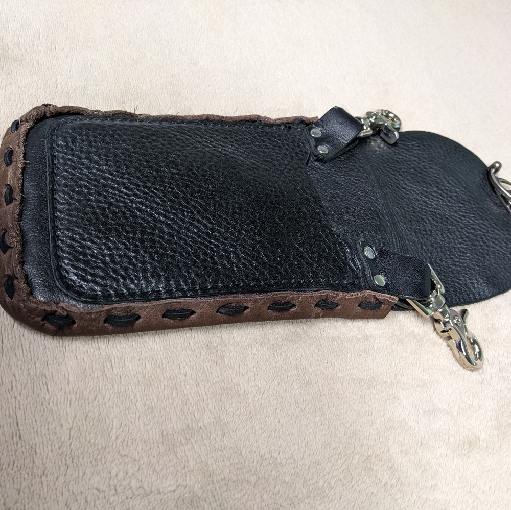 Handmade Clip on purse Leather 2 toned black brown 3 compartments woven sides - Picture 8 of 9